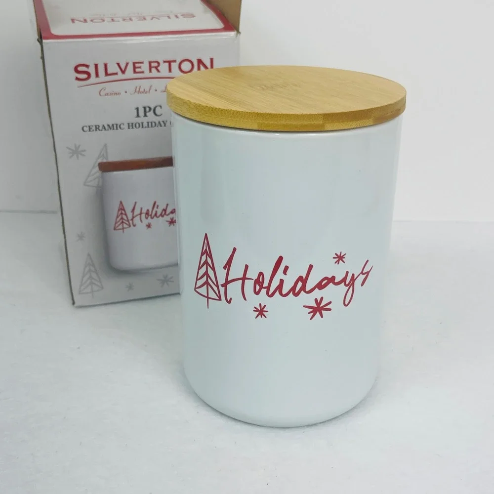 Silverton Casino Hotel Las Vegas Ceramic Holiday Canister White Red Wood Lid